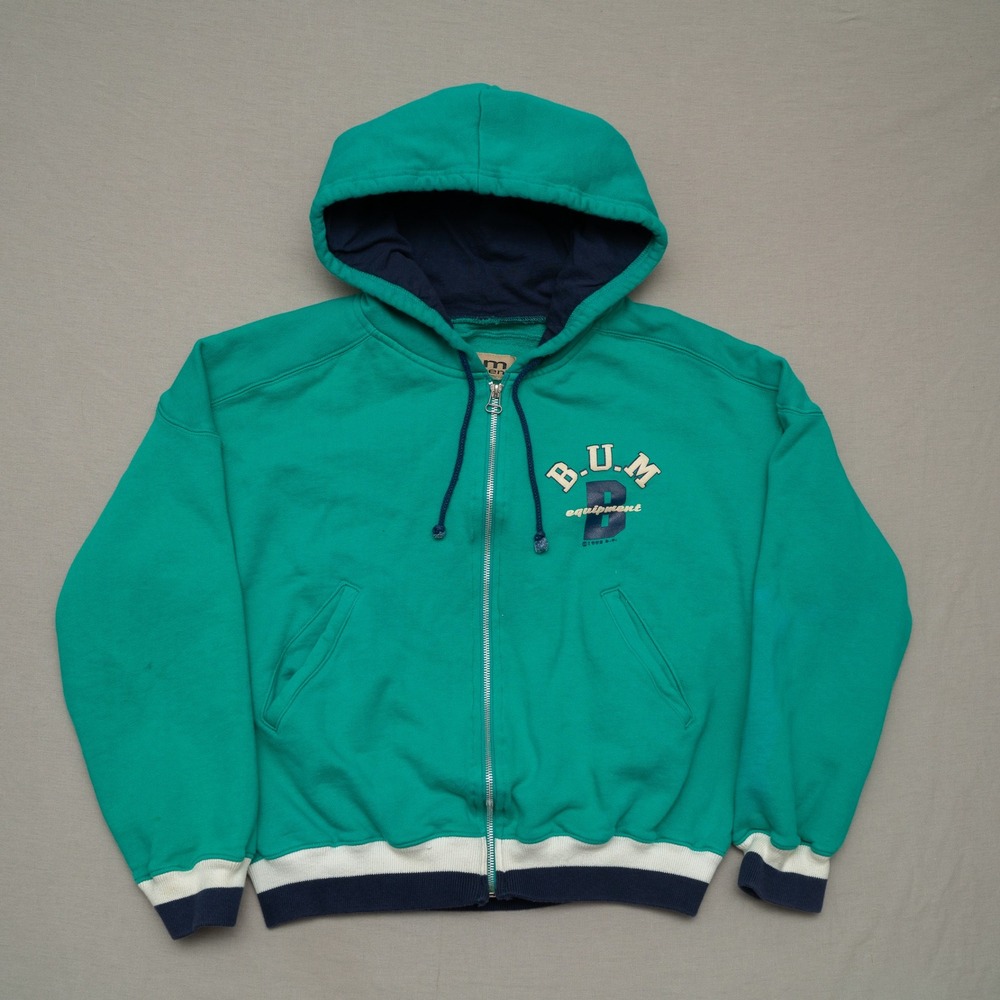 Vintage 90s BUM Equipment Zip Up Embroidered Chenille Hoodie Turquoise Adult‎ M